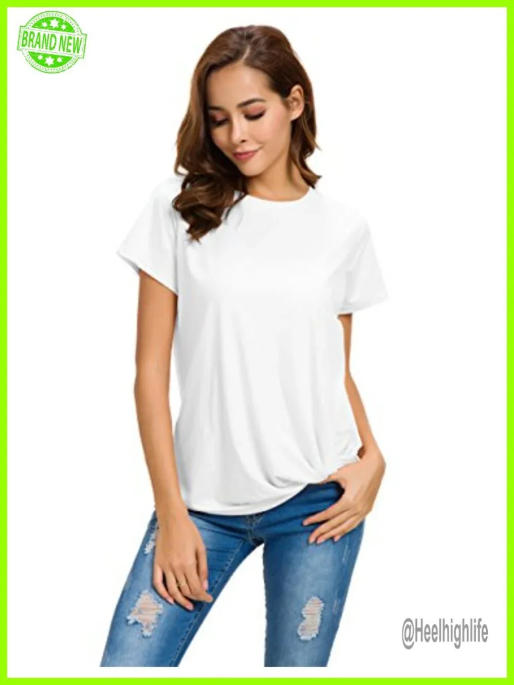 Crew Neck Twist Knot Front Short Sleeve Cotton Blouse